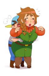 1boy 1girl backwards_hat baseball_cap black_pantyhose blush bokujou_monogatari braid brown_eyes brown_hair collared_shirt conto crossover dress earrings flower grabbing_another&#039;s_breast grabbing_from_behind green_dress groping hat hetero jewelry marnie_(stardew_valley) one_eye_closed orange_shirt pantyhose pencil_dress pete_(bokujou_monogatari) shirt simple_background stardew_valley white_background