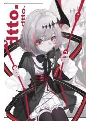 Rule 34 | 1girl, absurdres, belt, black bow, black bowtie, black capelet, black jacket, black skirt, black thighhighs, black tiara, bow, bowtie, capelet, character name, closed mouth, dtto., dtto (lkj96123), expressionless, highres, jacket, long sleeves, looking at viewer, multicolored hair, on swing, overskirt, pale skin, red belt, red eyes, red hair, reject (esports), shirt, short hair, sitting, skirt, solo, swing, thighhighs, tiara, virtual youtuber, white background, white hair, white shirt