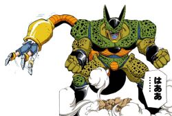 1girl android_18 cell_(dragon_ball) creature dragonball_z dust evil_grin evil_smile grin kicking legs looking_at_viewer lower_body smile speech_bubble struggling stuck tail translation_request vore