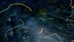 Rule 34 | absurdres, banishment, commentary request, dark, fence, fireflies, foliage, highres, no humans, original, outdoors, path, road, scenery, signature, wooden fence