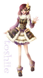 armor corset cosplay english_text frilled_socks frills fur_collar fur_trim green_eyes hairband hosokawa_gracia legs miniskirt nashinomiya puffy_sleeves red_hair ribbon sengoku_musou shoes skirt socks