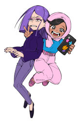 2girls belt black_hair cellphone dark-skinned_female dark_skin duolingo full_body highres holding holding_phone hood lily_(duolingo) long_hair midori_foo multiple_girls open_mouth pants phone pink_pants purple_hair purple_nails selfie shirt simple_background smartphone smile v white_background zari_(duolingo)