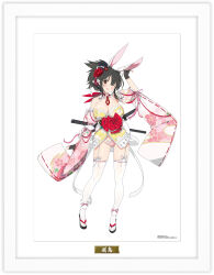 1girl :d absurdres animal_ears animal_print armpit_crease asuka_(senran_kagura) black_gloves black_hair blush body_blush breasts brown_eyes cleavage detached_collar detached_sleeves fingerless_gloves floral_print floral_print_kimono floral_print_sleeves flower frilled_sleeves frills fur_trim garter_straps gem gloves gluteal_fold hair_flower hair_ornament hair_ribbon highres japanese_clothes kimono lace lace-trimmed_kimono lace_trim large_breasts leotard looking_at_viewer marvelous necktie no_bra obi obiage obijime official_alternate_costume official_art okobo one_eye_closed open_mouth panties pearl_(gemstone) pink_panties pink_ribbon pink_sleeves platform_sandals playboy_bunny ponytail print_kimono print_necktie rabbit_ears rabbit_girl rabbit_print red_flower red_necktie red_ribbon red_scarf revealing_clothes ribbon ribbon-trimmed_collar ribbon-trimmed_kimono ribbon-trimmed_sleeves ribbon-trimmed_thighhighs ribbon_trim sandals sash scabbard scarf senran_kagura senran_kagura_new_link senran_kagura_shoujo-tachi_no_shin&#039;ei sheath sheathed shiny_skin short_hair short_ponytail short_sword sidelocks smile solo standing string_of_pearls sword tabi thighhighs translation_request tsuba_(guard) tsuka-ito underwear wa_bunny wakizashi weapon white_flower white_garter_straps white_ribbon white_sleeves white_thighhighs yaegashi_nan yellow_kimono