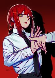 1girl braid chainsaw_man datcravat female_focus highres lipstick looking_at_viewer looking_up makeup makima_(chainsaw_man) necktie own_hands_together pale_skin portrait red_background red_hair single_braid solo standing torso yellow_eyes
