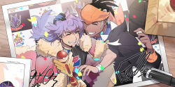 2boys baseball_cap black_headwear black_hoodie blush cape champion_uniform clenched_teeth closed_eyes commentary_request dark-skinned_male dark_skin earrings facial_hair fur-trimmed_cape fur_trim gloves gym_leader hat highres holding holding_unworn_clothes holding_unworn_hat hood hoodie jewelry leon_(pokemon) long_hair male_focus multiple_boys nintendo one_eye_closed open_mouth photo_(object) pokemon pokemon_swsh purple_hair raihan_(pokemon) red_cape shirt single_glove teeth textless_version tongue trophy unworn_hat unworn_headwear yellow_eyes youchengyan