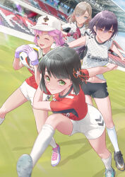 4girls ;d absurdres anyoji_hime ball baseball_cap black_hair black_shoes black_shorts blunt_bangs blunt_ends bob_cut breasts c: ceras_yanagida_lilienfeld closed_mouth commentary_request flower flower_knot gloves green_eyes grey_hair hair_between_eyes hair_flower hair_intakes hair_ornament hair_ribbon hat highres holding holding_ball ishikawa_prefecture kanazawa_(city) katsuragi_izumi kneehighs kobassy link!_like!_love_live! looking_at_viewer love_live! medium_breasts midriff_peek momose_ginko multi-tied_hair multiple_girls navel one_eye_closed open_mouth outdoors pink_flower pink_hair pink_ribbon purple_gloves red_shirt ribbon shirt shoes short_hair short_shorts shorts smile sneakers soccer_ball soccer_uniform socks split_mouth sportswear stadium virtual_youtuber white_hat white_shoes white_shorts white_socks zweigen_kanazawa