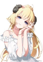 1girl alternate_costume animal_ears bead_choker beads blonde_hair bow bracelet copyright_notice dress frilled_dress frills hair_bow hands_up hatsuka-20 head_tilt high_ponytail hololive horns interlocked_fingers jewelry long_hair long_sleeves looking_at_viewer off-shoulder_dress off_shoulder official_art own_hands_together parted_lips ponytail purple_eyes sheep_ears sheep_girl sheep_horns simple_background solo straight-on three-quarter_sleeves tsunomaki_watame upper_body very_long_hair virtual_youtuber white_background white_dress wide_ponytail