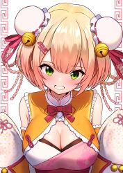 1girl absurdres bell blonde_hair breasts bun_cover chinese_clothes cleavage clothing_cutout commentary_request double_bun dress green_eyes grin hair_bun highres hololive jingle_bell large_breasts looking_at_viewer marishia_holo momosuzu_nene momosuzu_nene_(5th_costume) official_alternate_costume orange_shirt pink_dress shirt side_up_bun sleeves_past_fingers sleeves_past_wrists smile solo two-tone_dress upper_body virtual_youtuber white_dress