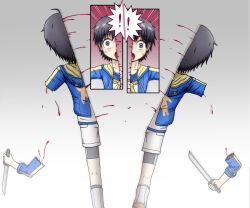 1boy :o ahoge amputated_arm amputation amputee bad_tag blood blood_splatter blue_hoodie dagger disembodied_arm fighting grey_eyes guro holding holding_dagger holding_knife holding_weapon hood hoodie knife male_focus necktie original school_uniform serafuku severed severed_arm severed_limb shorts shota siritotechin weapon