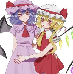 2girls ascot bat_wings blonde_hair bow crystal crystal_wings flandre_scarlet frilled_shirt_collar frills hat hat_ribbon highres looking_at_viewer mnju_dayo mob_cap multiple_girls open_mouth puffy_short_sleeves puffy_sleeves red_ascot red_eyes red_nails red_skirt red_vest remilia_scarlet ribbon shirt short_hair short_sleeves siblings side_ponytail simple_background sisters skirt smile touhou vest white_background wings yellow_ascot