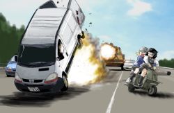 10s 2girls andou_(girls_und_panzer) bc_freedom_school_uniform black_footwear black_hair black_legwear black_skirt black_vest blank_eyes blonde_hair blue_neckwear blue_sky blue_sweater car cloud cloudy_sky commentary dark-skinned_female dark_skin day debris driving explosion frown girls_und_panzer goggles grey_hat grimace hat helmet helmet-chan_(girls_und_panzer) highres highway hug hug_from_behind long_sleeves medium_hair messy_hair military military_vehicle miniskirt minivan miraruto_(h3yja) motor_vehicle multi-lane_road multiple_girls necktie open_mouth oshida_(girls_und_panzer) outdoors pleated_skirt road school_uniform scooter sdkfz_234 shadow shirt shoes skirt sky socks sweater tank v-shaped_eyes vehicle_focus vespa vest white_shirt