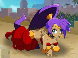 1girl :i all_fours arabian_clothes ass back bandeau big_hair bikini blue_eyes bracer breasts cleavage commentary dark-skinned_female dark_skin datwondoude earrings english_commentary forehead_jewel full_body genie harem_pants highres hoop_earrings jewelry large_breasts long_hair looking_to_the_side o-ring o-ring_top pants pointy_ears pointy_footwear ponytail pout purple_hair red_bikini shantae shantae:_half-genie_hero shantae_(series) solo swimsuit tan tiara toned toned_female very_long_hair