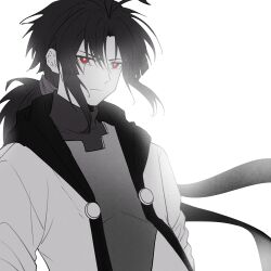 1boy absurdres alternate_universe antenna_hair arms_at_sides backlighting bloom bright_pupils buttons chinese_commentary closed_mouth commentary_request curtained_hair film_grain frisk_(undertale) greyscale hair_tie hanbaobaobaozhu highres hood hood_down hooded_jacket jacket long_hair long_sleeves looking_at_viewer low_ponytail male_focus monochrome open_clothes open_jacket ponytail red_eyes scar scar_across_eye scar_on_face serious sidelocks simple_background solo spot_color sweater turtleneck turtleneck_sweater undertale upper_body v-shaped_eyebrows white_background wind xtale