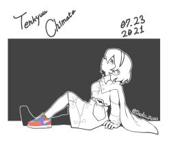 1girl artist_name belt_pouch cape character_name concha_(mamecha) dated dress english_text from_side hairband highres long_sleeves monochrome multicolored_shoes patchwork_clothes pouch shoes short_hair sitting sneakers solo spot_color tenkyuu_chimata touhou