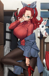 Rule 34 | 1girl, bed, black hops, black panties, black pantyhose, breasts, glasses, green eyes, grey jacket, grey ribbon, gun, hair ribbon, high heels, highres, jacket, large breasts, long hair, panties, pantyhose, penelope freling, pillow, rabbit, red footwear, red hair, red sweater, ribbed sweater, ribbon, semi-rimless eyewear, solo, sweater, thighs, tony guisado, underwear, unworn panties, weapon