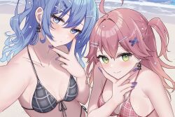 2girls ahoge beach bikini blue_eyes blue_hair blush breasts closed_mouth collarbone commentary_request cropped curly_hair double-parted_bangs earrings eyelashes fingernails front-tie_bikini_top front-tie_top green_eyes grey_bikini hair_between_eyes hair_ornament hairclip halterneck highres hololive hoshimachi_suisei inward_v jewelry kohaku_(csacu) long_hair looking_at_viewer medium_breasts multiple_girls nail_polish ocean one_side_up outdoors outstretched_arm pink_bikini pink_hair plaid_bikini plaid_clothes purple_nails reaching reaching_towards_viewer sakura_miko selfie side-tie_bikini_bottom small_breasts smile string_bikini swimsuit v v_over_mouth virtual_youtuber x_hair_ornament