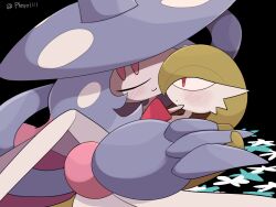 a-nya artist_name black_background blush bob_cut closed_eyes colored_skin gardevoir gen_3_pokemon gen_8_pokemon green_hair hand_on_another&#039;s_cheek hand_on_another&#039;s_face hat hatterene multicolored_hair multicolored_skin nintendo pink_eyes pink_skin pokemon pokemon_(creature) prehensile_hair simple_background smile two-tone_skin white_skin witch_hat
