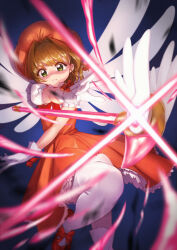 1girl brown_hair cardcaptor_sakura dress gloves green_eyes hat highres kinomoto_sakura kinomoto_sakura_(magician) magic magical_girl parted_lips puffy_short_sleeves puffy_sleeves qingmingtongzi red_dress red_footwear red_hat short_sleeves solo thighhighs wand white_gloves white_thighhighs