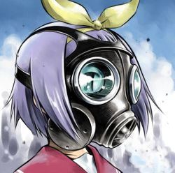 00s 1girl bad_id bad_pixiv_id female_focus gas_mask hiiragi_tsukasa lucky_star mask purple_hair ribbon school_uniform sekihan serafuku short_hair solo stalker_(game)