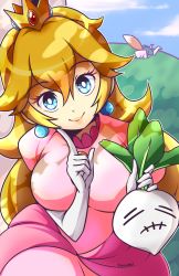 1boy 1girl blonde_hair breasts crown dress elbow_gloves fox_mccloud gloves highres large_breasts lyn_(shunao) mario_(series) nintendo pink_dress princess_peach solo_focus star_fox super_mario_bros._1 super_smash_bros. turnip