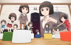 1girl bag baseball_bat blouse blurry blurry_background bob_cut bottle bottle_cap brown_eyes brown_hair censored collared_shirt commentary eating flashing holding holding_bag holding_baseball_bat jacket japanese_clothes kimono lotus_position microphone mini_person minigirl mosaic_censoring multiple_persona music office_lady original pants shirt shopping_bag short_hair singing symbolism track_jacket track_pants track_suit white_shirt yajirushi_(chanoma) yukata