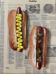 absurdres acrylic_paint_(medium) bread_bun chili_pepper food food_focus highres hot_dog impasto jalapeno_pepper julia_stankevych mustard no_humans oil_painting_(medium) original painting_(medium) photo_(medium) realistic recipe_(object) signature still_life traditional_media wall_of_text