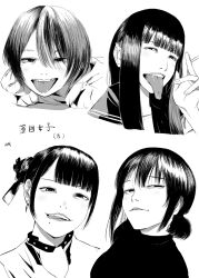 4girls 4shi highres long_tongue monochrome multiple_girls piercing sharp_teeth tagme teeth tongue tongue_piercing