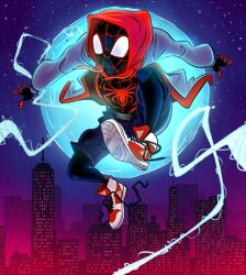 1boy air_jordan air_jordan_1 animal_print black_bodysuit bodysuit building city cityscape hood hooded_bodysuit hoodie jacket male_focus marvel marvel_snap mask mike_krahulik miles_morales moon night night_sky official_alternate_costume official_art penny_arcade print_bodysuit shoes silk sky skyline skyscraper solo spider-man_(miles_morales) spider-man_(series) spider-verse spider_print spider_web spider_web_print superhero_costume two-tone_bodysuit untied_shoelaces