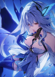 Rule 34 | 1girl, bare shoulders, blue dress, blue gloves, blue thighhighs, breasts, dress, earrings, elbow gloves, genshin impact, genyaky, gloves, hair ornament, highres, jewelry, large breasts, long hair, red eyes, short dress, skirk (genshin impact), thighhighs, thighs, two-tone dress, white dress, white hair