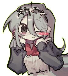 &gt;_o 1girl blue_dress blue_hair blush bow bowtie closed_mouth colored_skin dress eunoia_(frozen_soul) frozen_soul hands_up kkongchi1167263 long_hair long_sleeves looking_at_viewer one_eye_closed red_bow red_bowtie roblox sidelocks simple_background smile solo very_long_hair white_background white_skin