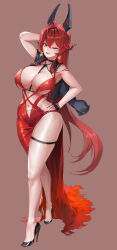 1girl arm_up between_breasts black_choker black_gloves black_jacket black_shoes breasts choker cleavage clothing_cutout collarbone commentary double-parted_bangs dress earrings evening_gown fingerless_gloves full_body gloves goddess_of_victory:_nikke gomjae hair_between_eyes hand_on_own_hip high_heels highres horns jacket jacket_on_shoulders jewelry large_breasts long_hair looking_at_viewer mechanical_horns navel navel_cutout official_alternate_costume one_eye_closed open_mouth red_dress red_hair red_hood_(nikke) red_hood_(nonsense_red)_(nikke) shoes sidelocks simple_background single_bare_shoulder skindentation sleeveless sleeveless_dress smile solo standing stomach strap_between_breasts thigh_strap torn_clothes torn_dress yellow_eyes