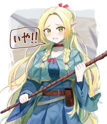 1girl absurdres aqua_capelet arknights belt belt_buckle blonde_hair blue_dress blush braid brown_belt buckle choker clenched_teeth collarbone commentary_request dress dungeon_meshi elf green_eyes hair_intakes hair_over_shoulder highres holding kmr_gachinkoi long_hair long_sleeves looking_at_viewer marcille_donato parted_bangs partial_commentary pointy_ears pouch red_choker scared solo speech_bubble tearing_up teeth translated twin_braids