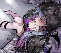 1girl barefoot black_hands black_jacket blush body_markings breasts colored_extremities demon_girl demon_horns demon_wings fate/grand_order fate_(series) green_eyes grey_hair highres horns jacket lilith_(fate) lilith_(first_ascension)_(fate) long_hair long_sleeves looking_at_viewer low_twintails medium_breasts pasties sitting solo sukumo_(kemutai) tongue tongue_out twintails wings