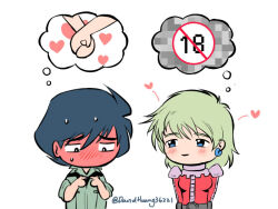 1boy 1girl aina_saharin blue_hair blush censored chibi david_huang green_hair gundam gundam_08th_ms_team heart holding_hands imagining mobile_suit_gundam mosaic_censoring shiro_amada twitter_username