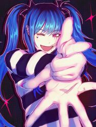 1girl amemiya_darumi black_hair black_stripes blue_hair ear_piercing face_piercing female_focus fingernails highres long_sleeves looking_at_viewer nail_polish one_eye_closed open_mouth piercing pink_eyes pink_nails shirt solo solo_focus striped_clothes striped_shirt the_hundred_line_-last_defense_academy- twintails white_stripes wink