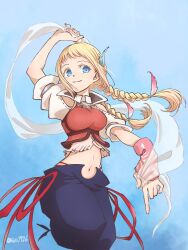 1girl blonde_hair blue_eyes braid breasts closed_mouth final_fantasy final_fantasy_xii final_fantasy_xii_revenant_wings long_hair looking_at_viewer midriff navel penelo sia0926 smile solo twin_braids twitter_username vest