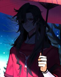 Rule 34 | 1boy, absurdres, bare tree, bentuudayo, black hair, braid, chinese clothes, closed mouth, eyepatch, hanfu, highres, holding, holding umbrella, hua cheng, jewelry, long hair, long sleeves, looking at viewer, male focus, necklace, oil-paper umbrella, one eye covered, outdoors, red eyes, red hanfu, red umbrella, shade, side braid, single braid, smile, snow, snowing, solo, tianguan cifu, tree, umbrella, upper body, yuanlingpao