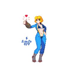 Rule 34 | 1girl, artist name, bikini, bikini under clothes, blonde hair, blue bikini, blue jumpsuit, boots, breasts, brown eyes, commentary, english commentary, fallout, full body, grin, hand on own hip, heart, jumpsuit, large breasts, long sleeves, looking at viewer, navel, open jumpsuit, pip boy, pixel art, short hair, sim0n404, simple background, smile, solo, standing, swimsuit, thumbs up, vault girl, white background