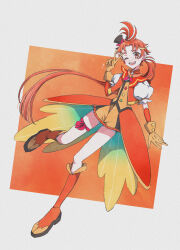 1boy absurdres boots brooch coattails commentary cropped_jacket cure_wing domidomi444 earrings gloves hat highres hirogaru_sky!_precure jacket jewelry knee_boots layered_gloves leg_ribbon leg_up long_hair looking_at_viewer low_ponytail magical_boy male_focus mini_hat mini_top_hat orange_boots orange_gloves orange_hair orange_jacket orange_shirt orange_shorts ponytail precure puffy_short_sleeves puffy_sleeves red_eyes ribbon shirt short_sleeves shorts solo standing standing_on_one_leg tilted_headwear top_hat v wing_brooch yuunagi_tsubasa