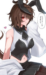 Rule 34 | 1girl, absurdres, agnes tachyon (umamusume), ahoge, animal ears, black necktie, black pantyhose, black skirt, brown hair, collared shirt, ear covers, fake animal ears, fishnet pantyhose, fishnets, hair over one eye, heart, highres, horse girl, horse tail, huge ahoge, lab coat, long sleeves, looking at viewer, navel, necktie, pantyhose, parted lips, pleated skirt, rabbit ears, red eyes, shirt, short hair, short necktie, skirt, sleeveless, sleeveless shirt, sleeves past fingers, sleeves past wrists, smile, solo, speech bubble, tail, takatu nanto, translation request, umamusume, wide sleeves