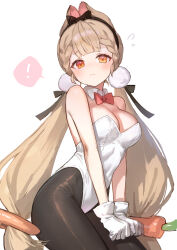 ! 1girl adelie_cat alice_thymefield alternate_costume animal_ears bare_shoulders black_pantyhose blonde_hair bow bowtie breasts cleavage closed_mouth detached_collar flying_sweatdrops gloves heterochromia highres leotard long_hair looking_at_viewer low_twintails medium_breasts pantyhose pink_bow pink_bowtie playboy_bunny rabbit_ears rabbit_girl simple_background solo spoken_exclamation_mark twintails very_long_hair white_background white_gloves white_leotard zenless_zone_zero