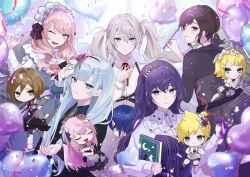 25-ji_miku 25-ji_nightcord_de._(project_sekai) absurdres balloon blonde_hair blue_eyes book breasts brown_eyes brown_hair buckle character_request chibi confetti crossover dress flower gem grey_hair hatsune_miku heart_balloon heterochromia highres kagamine_len kagamine_rin medium_breasts one_eye_closed orange_eyes pearl_(gemstone) project_sekai rullep serious skier smile twintails vocaloid