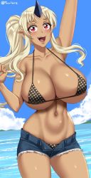 1girl arms_up artist_name bare_shoulders bikini blonde_eyebrows blonde_hair blue_sky blush breasts bursting_breasts cleavage cloud cloudy_sky collarbone dark-skinned_female dark_skin denim denim_shorts excited female_focus happy horn horns huge_breasts island long_hair looking_at_viewer micro_bikini micro_bikini_top monster_girl monster_musume_no_iru_nichijou navel ocean ogre open_fly open_mouth outdoors pointy_ears polka_dot polka_dot_bikini polka_dot_swimsuit ponytail red_eyes shiny_skin shorts signature single_horn sky solo swimsuit tan teeth tionishia tongue twrlare unbottoned underboob upper_teeth_only water