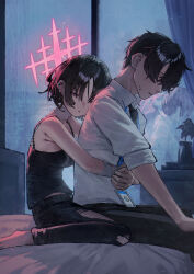 1boy 1girl armpit_crease bare_arms bed_sheet betabeet black_camisole black_hair black_pants blue_archive camisole commentary denim from_side hair_over_eyes halo highres hug hug_from_behind indoors jeans lanyard misaki_(blue_archive) on_bed open_mouth pants red_eyes red_halo shirt short_hair sitting sleeves_rolled_up slice_of_life sweat torn_clothes torn_pants white_shirt