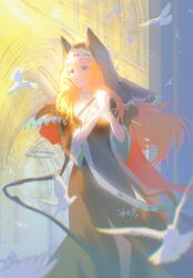 1girl absurdres animal_ear_hairband animal_ears archetto_(arknights) archetto_(glory_of_the_devout)_(arknights) arknights bingyuqin bird black_dress black_veil blue_eyes blush cathedral collar dress fake_animal_ears forehead hairband heterochromia highres indoors long_hair looking_ahead nun orange_hair parted_lips red_eyes solo veil white_collar