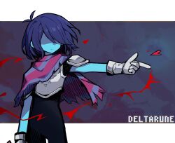 Rule 34 | 1other, antenna hair, arm at side, armor, armored gloves, black bodysuit, blue hair, blue skin, bob cut, bodysuit, chinese commentary, closed mouth, colored skin, commentary request, copyright name, cowboy shot, deltarune, gloves, grey armor, grey background, grey gloves, hair over one eye, heart, highres, kris (dark world) (deltarune), kris (deltarune), letterboxed, no eyes, one eye covered, other focus, outside border, outstretched arm, pink scarf, pointing, pointing to the side, purple scarf, scarf, shio 0585, short sleeves, shoulder armor, simple background, solo, standing, striped clothes, striped scarf, two-tone scarf