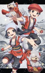 1boy 1girl :d akari_(pokemon) black_hair brown_footwear collarbone commentary_request creatures_(company) eyelashes floating_hair game_freak grey_shorts hat headscarf highres hisuian_form hisuian_growlithe holding holding_poke_ball jacket leg_up long_hair mato. nintendo open_mouth orange_jacket poke_ball hisuian_poke_ball pokemon pokemon_(creature) pokemon_legends:_arceus rei_(pokemon) sarashi sash shoes shorts sidelocks smile spread_fingers teeth tongue upper_teeth_only white_headscarf white_headwear