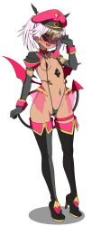 1girl absurdres black_gloves blush boots breasts corruption dark-skinned_female dark_persona dark_skin demon_girl demon_tail demon_wings elbow_gloves frozen_gingasan full_body gloves gunslinger_stratos hat high_heels highres low_wings mask navel open_mouth pink_hair pubic_tattoo revealing_clothes shinou_matsurika short_hair simple_background slave_gear slave_visor_(tsmg_nao!) slingshot_swimsuit small_breasts smile solo standing swimsuit tail tattoo thigh_boots thighhighs ts_magical_girl_nao twintails variant_set white_background wings