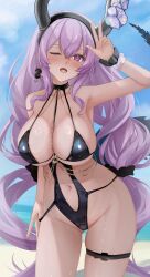 Rule 34 | 1girl, absurdres, arknights, armpits, bare shoulders, beach, between breasts, bikini, bikini pull, black bikini, black hairband, blue sky, blush, breasts, chain, cleavage, clothes pull, collarbone, commentary request, crossed bangs, day, earrings, fake horns, flower, gold chain, groin, hair between eyes, hairband, halterneck, hand up, highres, horn flower, horns, jewelry, kyuu (q des9), large breasts, light particles, long hair, looking at viewer, navel, ocean, one eye closed, open mouth, purple eyes, purple hair, scrunchie, sidelocks, single earring, sky, smile, solo, standing, stomach, swimsuit, thigh strap, thighs, typhon (arknights), very long hair, wet