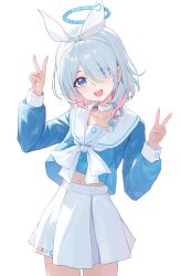 1girl absurdres arona_(blue_archive) baizhi blue_archive blue_halo blue_shirt bow_hairband braid choker colored_inner_hair double_v hair_over_one_eye hairband halo highres looking_at_viewer multicolored_hair navel neckerchief open_mouth sailor_collar shirt single_braid skirt smile solo teeth upper_teeth_only v white_background white_choker white_hairband white_neckerchief white_sailor_collar white_skirt